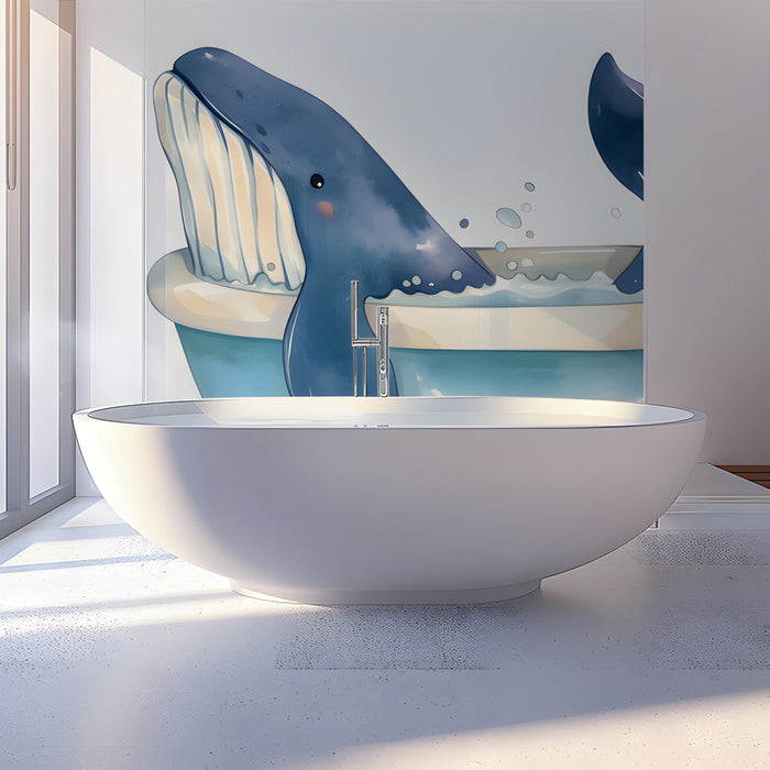 Charming blue whale illustration on a bedroom wall with soft decor