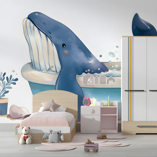 Whimsical whale mural installed in a bright modern nursery room