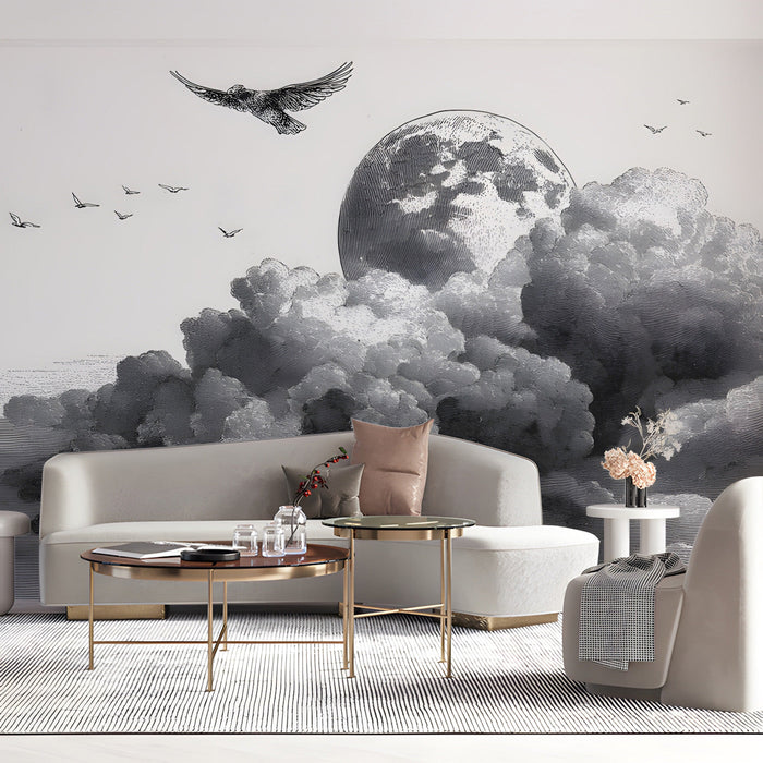 Minimalist bedroom wall featuring monochrome etched clouds and moonlight art