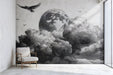 Sophisticated home office with lunar cloud wallpaper behind a dark wooden desk