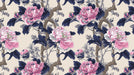 Vintage peony wallpaper pattern with blooming pink flowers and deep navy leaves on cream background