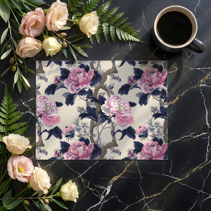 Sophisticated peony pattern wallpaper installed in a modern dining room setting