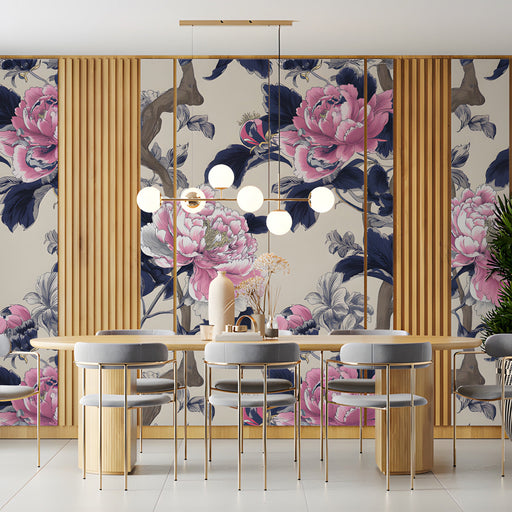 Botanical wall mural featuring pink peonies in a cozy home office space