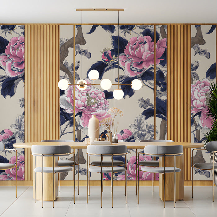 Botanical wall mural featuring pink peonies in a cozy home office space