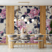 Botanical wall mural featuring pink peonies in a cozy home office space