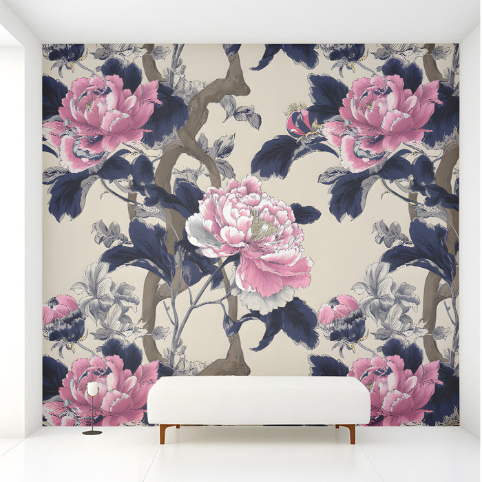 Floral mural wallpaper in a bright, airy entryway with neutral bedding