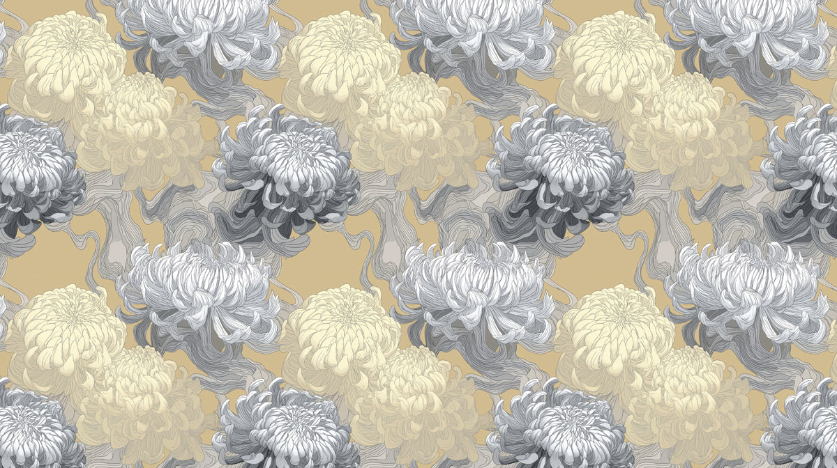 Floral pattern wallpaper with large chrysanthemums in charcoal and cream on an ochre background