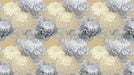 Floral pattern wallpaper with large chrysanthemums in charcoal and cream on an ochre background