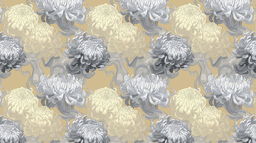 Floral pattern wallpaper with large chrysanthemums in charcoal and cream on an ochre background