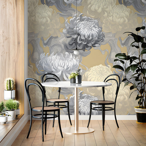 Artistic charcoal and ochre floral mural wallpaper in a contemporary home office