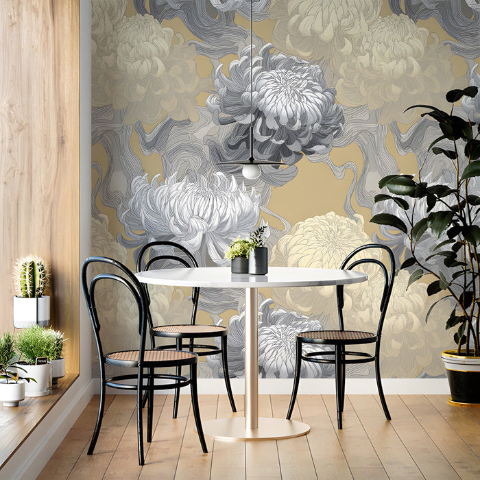 Artistic charcoal and ochre floral mural wallpaper in a contemporary home office