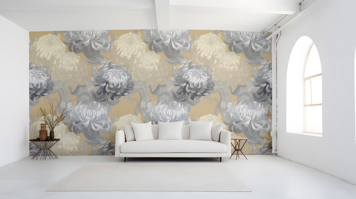 Sophisticated floral wallpaper in a modern office setting with warm wood furniture