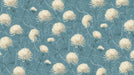 A floral wallpaper pattern featuring creamy white chrysanthemum blooms and swirling dusty blue vines on a muted teal background.