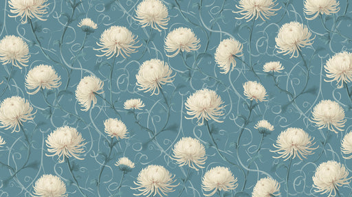 A floral wallpaper pattern featuring creamy white chrysanthemum blooms and swirling dusty blue vines on a muted teal background.
