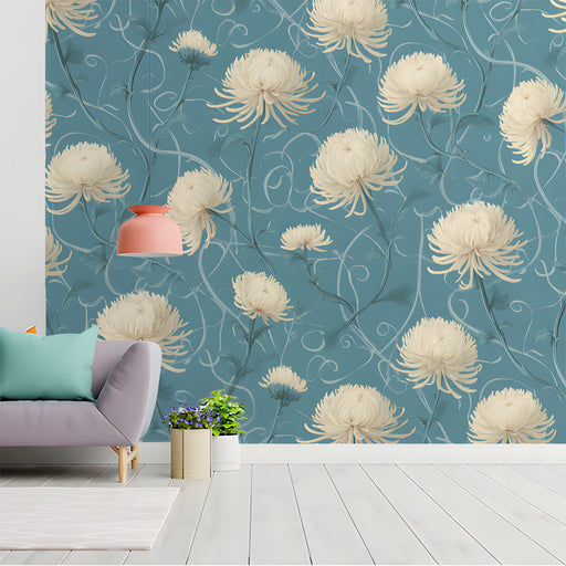 The chrysanthemum floral wallpaper installed in a serene bedroom with wooden furniture and soft lighting.