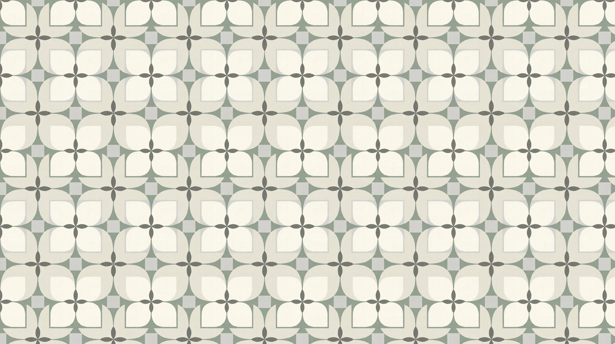 A repeating geometric pattern of cream petals and sage green accents on a light background