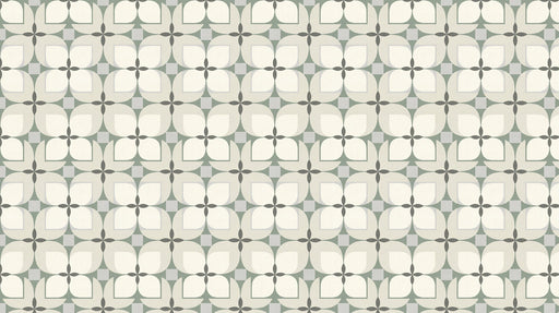 A repeating geometric pattern of cream petals and sage green accents on a light background