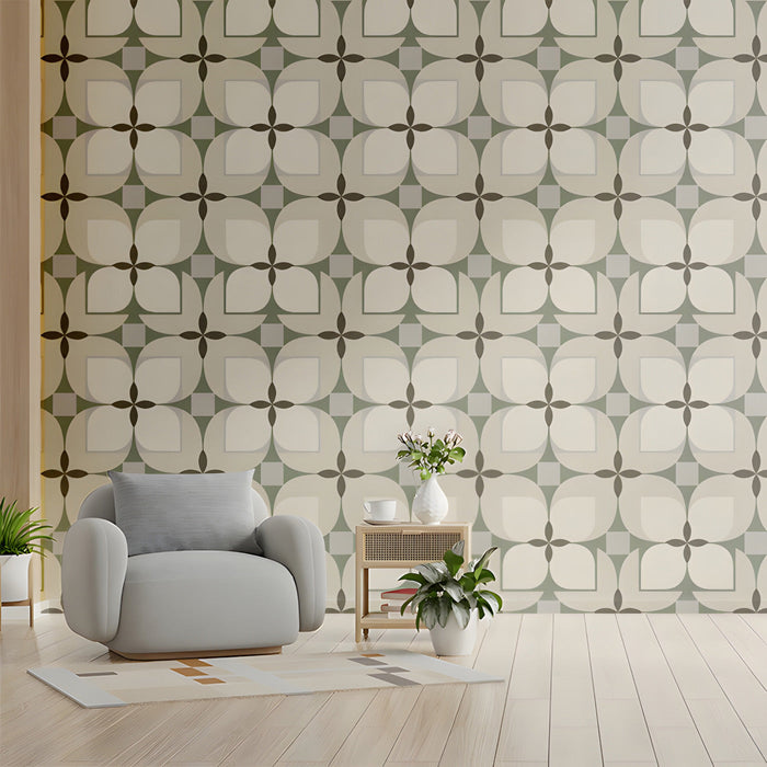 A cozy sun-drenched breakfast nook featuring the sage petal wallpaper