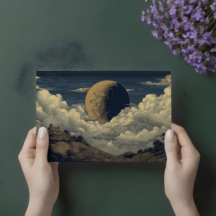 Home office decorated with a dark celestial landscape wallpaper for a studious mood.