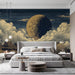 Bedroom interior with a vintage-inspired celestial etched mural as a focal point.
