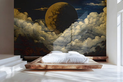 Bedroom featuring an artistic moon landscape mural on the main accent wall.