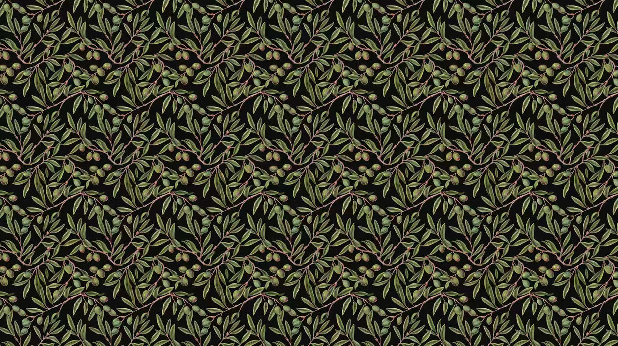 Olive branch pattern with soft green leaves and ochre olives on a solid black background.