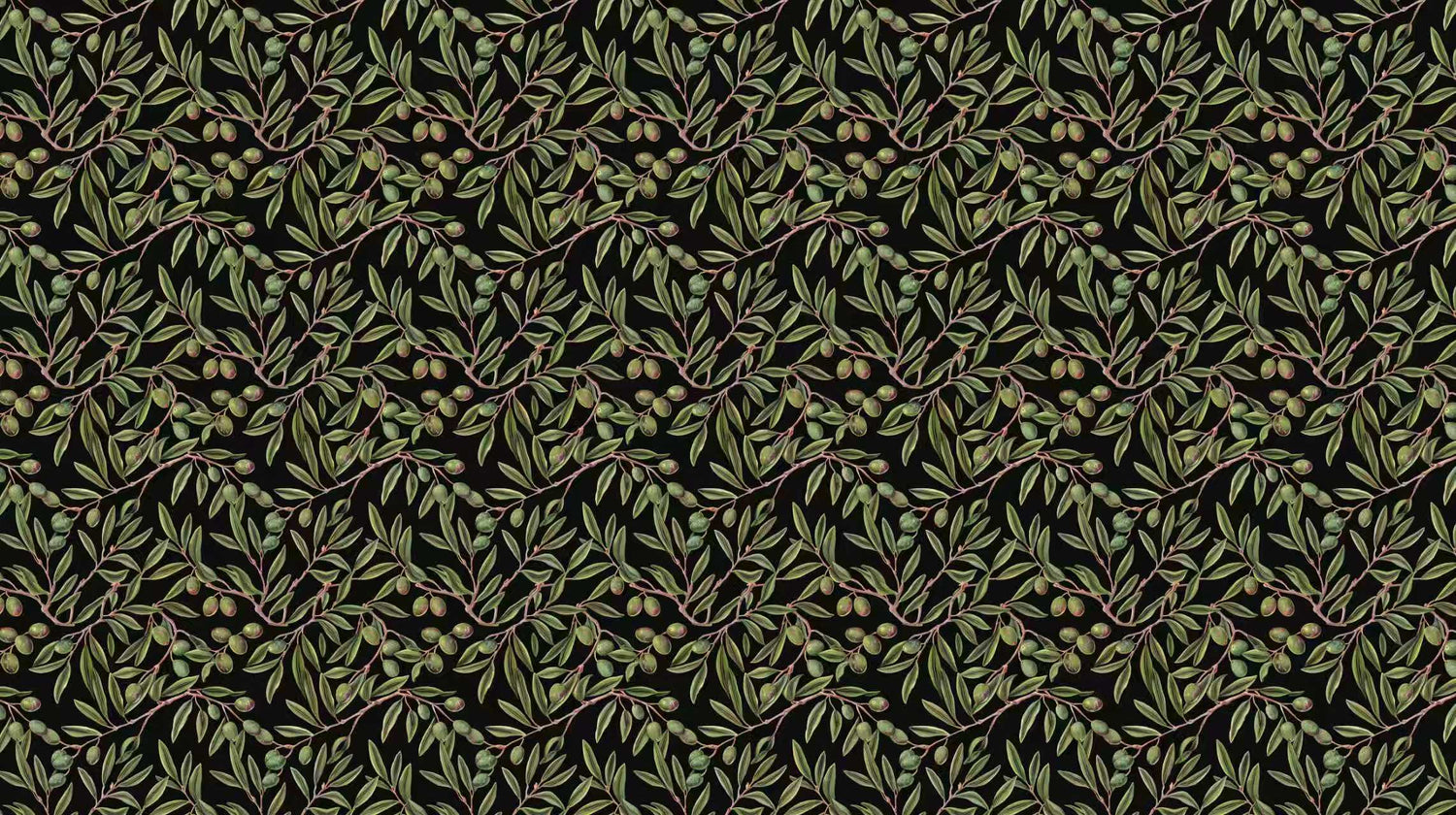 A repeating botanical wallpaper pattern featuring olive branches and green olives on a deep charcoal background.