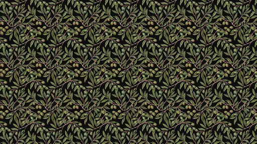 A repeating botanical wallpaper pattern featuring olive branches and green olives on a deep charcoal background.