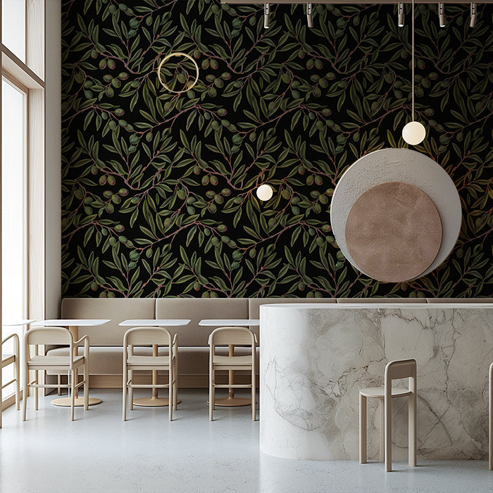 A sophisticated dining room featuring dark olive branch wallpaper and warm wooden furniture.