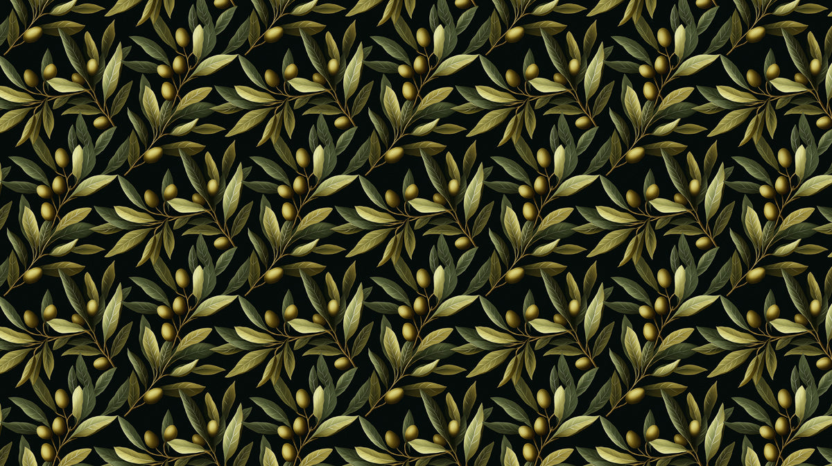 Botanical olive branch pattern with sage green leaves and ochre olives on a deep black background.
