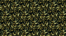 Botanical olive branch pattern with sage green leaves and ochre olives on a deep black background.