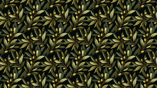 Botanical olive branch pattern with sage green leaves and ochre olives on a deep black background.