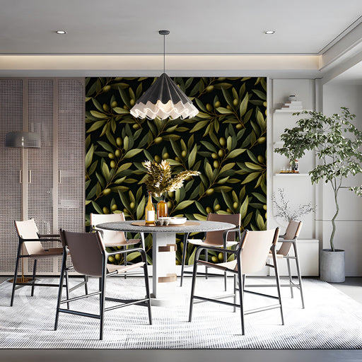 A sophisticated dining room featuring an olive branch wallpaper wall behind a dark wooden table.