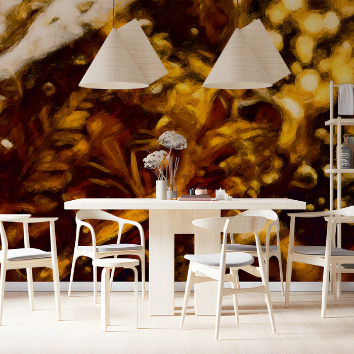 Dramatic dining room interior with rich brown and gold painterly mural wallpaper