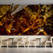 Modern living room featuring a warm molten amber feature wall behind a velvet sofa