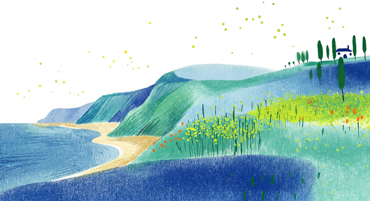 Whimsical coastal landscape wallpaper with blue sea, green hills, and ochre sand in a painterly crayon style.