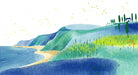 Whimsical coastal landscape wallpaper with blue sea, green hills, and ochre sand in a painterly crayon style.