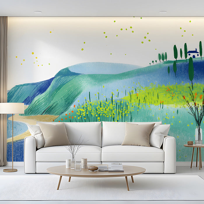 A bright, airy home office space with a whimsical hillside landscape wall mural.