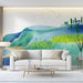 A bright, airy home office space with a whimsical hillside landscape wall mural.