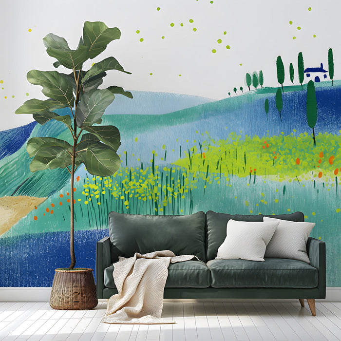 A sunny entryway featuring a coastal landscape mural above a wooden crib.