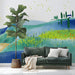 A sunny entryway featuring a coastal landscape mural above a wooden crib.