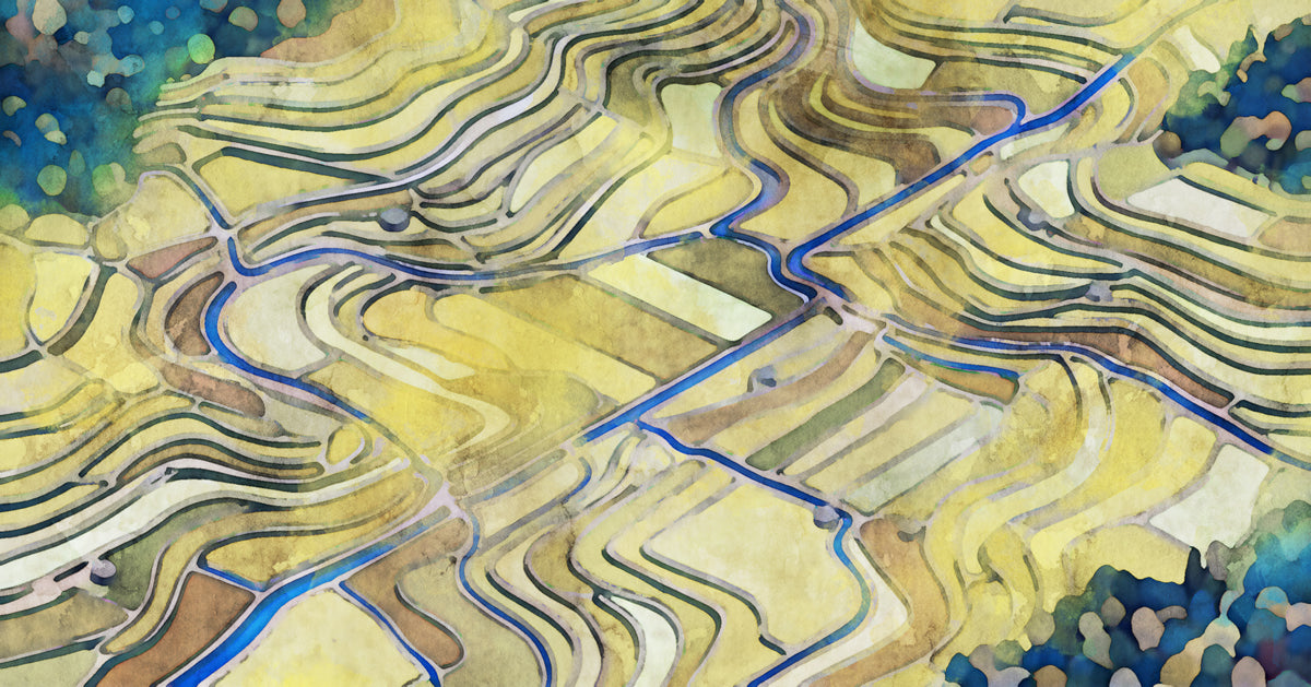 Abstract watercolor landscape of terraced fields in ochre yellow, taupe, and cobalt blue lines.