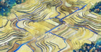 Abstract watercolor landscape of terraced fields in ochre yellow, taupe, and cobalt blue lines.