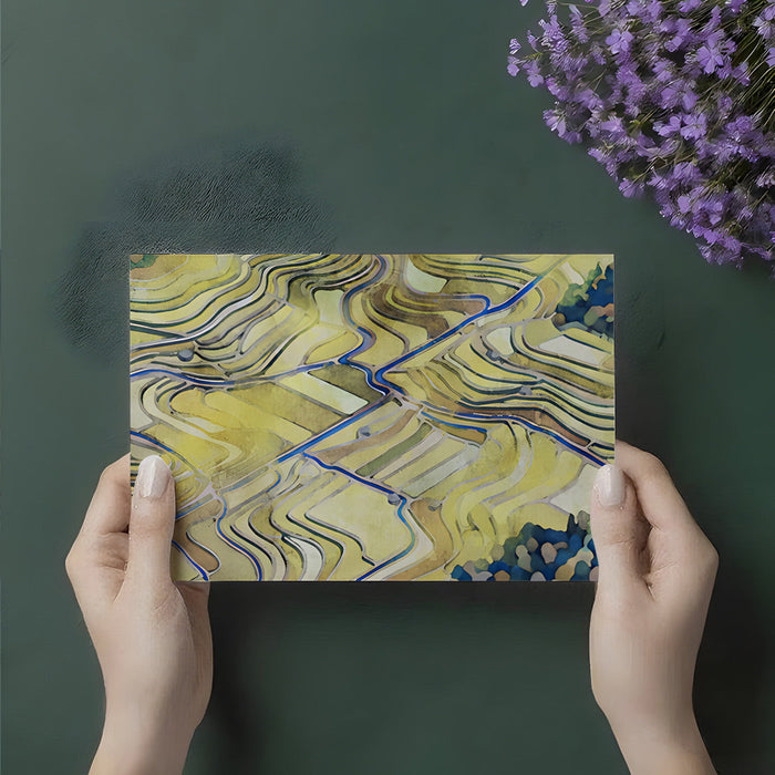 Home office wall decorated with a fluid, painterly terraced landscape wallpaper design.