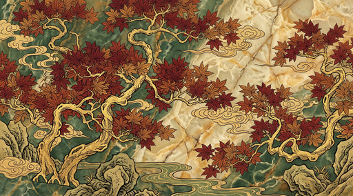 Japanese-inspired maple tree mural with red leaves, golden trunks, and an emerald green marble stone background.