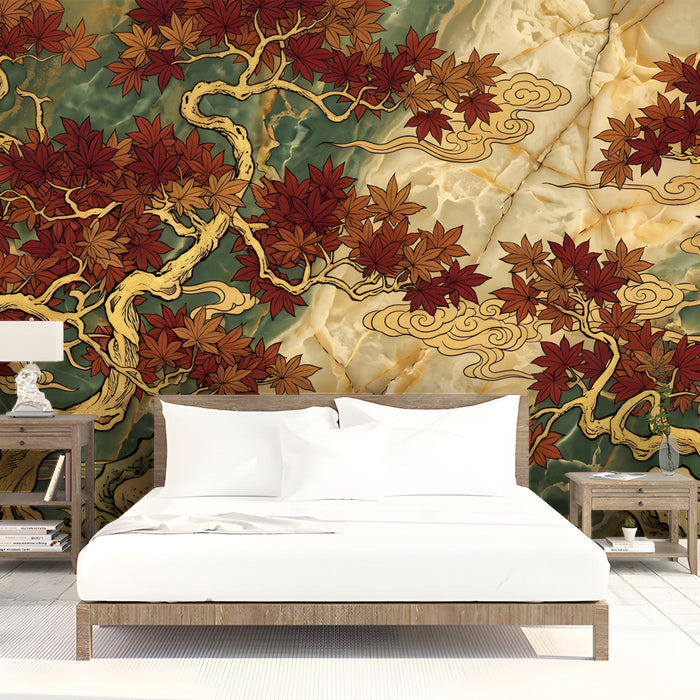A serene bedroom space showcasing the elegant maple and marble-inspired wall mural as a backdrop.