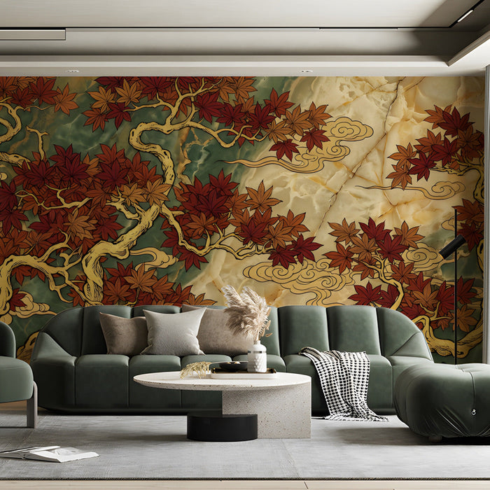 Living room featuring the maple tree mural as a grand, artistic feature wall behind a velvet sofa.