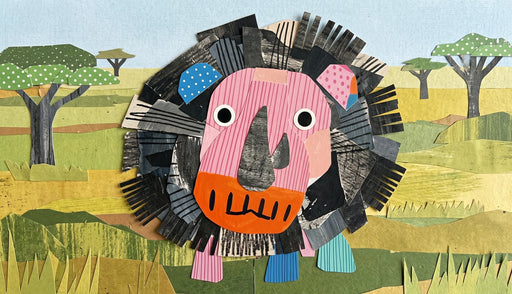 A paper collage wallpaper featuring a stylized pink lion with an ochre nose, black charcoal mane, and polka-dot accents set against a savanna landscape.