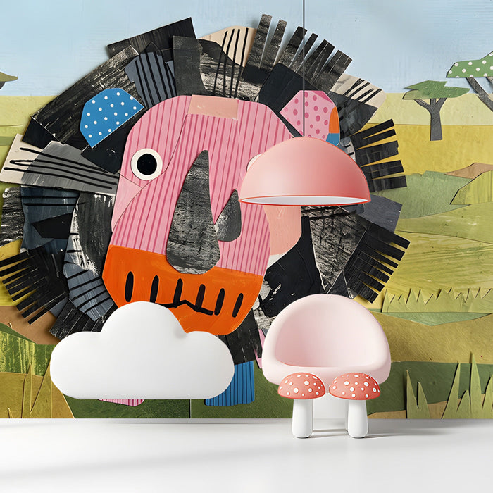 A playful child's playroom wall decorated with the colorful safari lion paper collage mural.