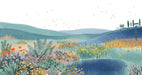 An impressionistic landscape wallpaper with rolling hills in sage and teal, filled with yellow, orange, and blue wildflowers.